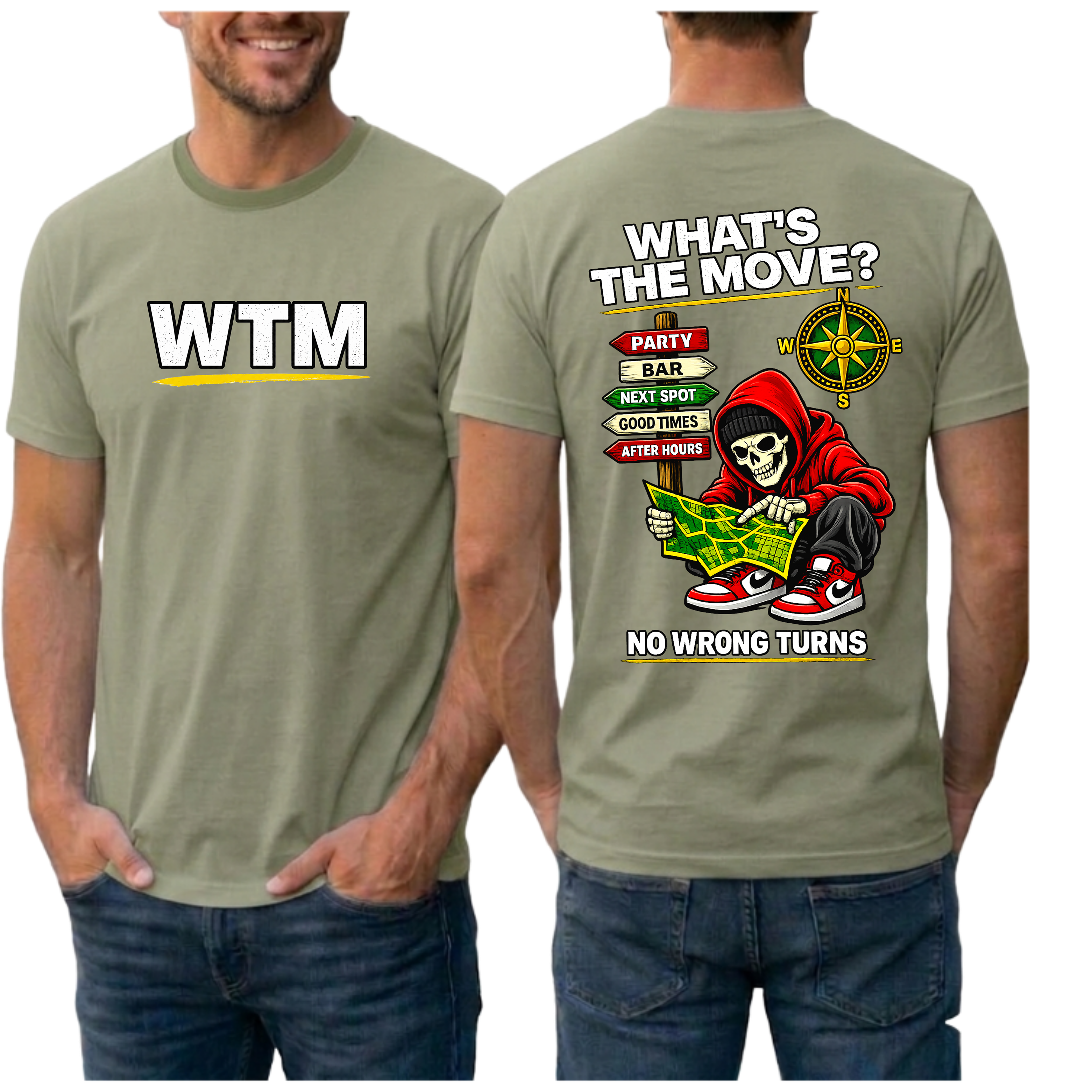 WTM What's The Move Skeleton Graphic Tee | Edgy Streetwear Party Shirt | Bar Hopping Weekend T-Shirt | No Wrong Turns Map Back Print