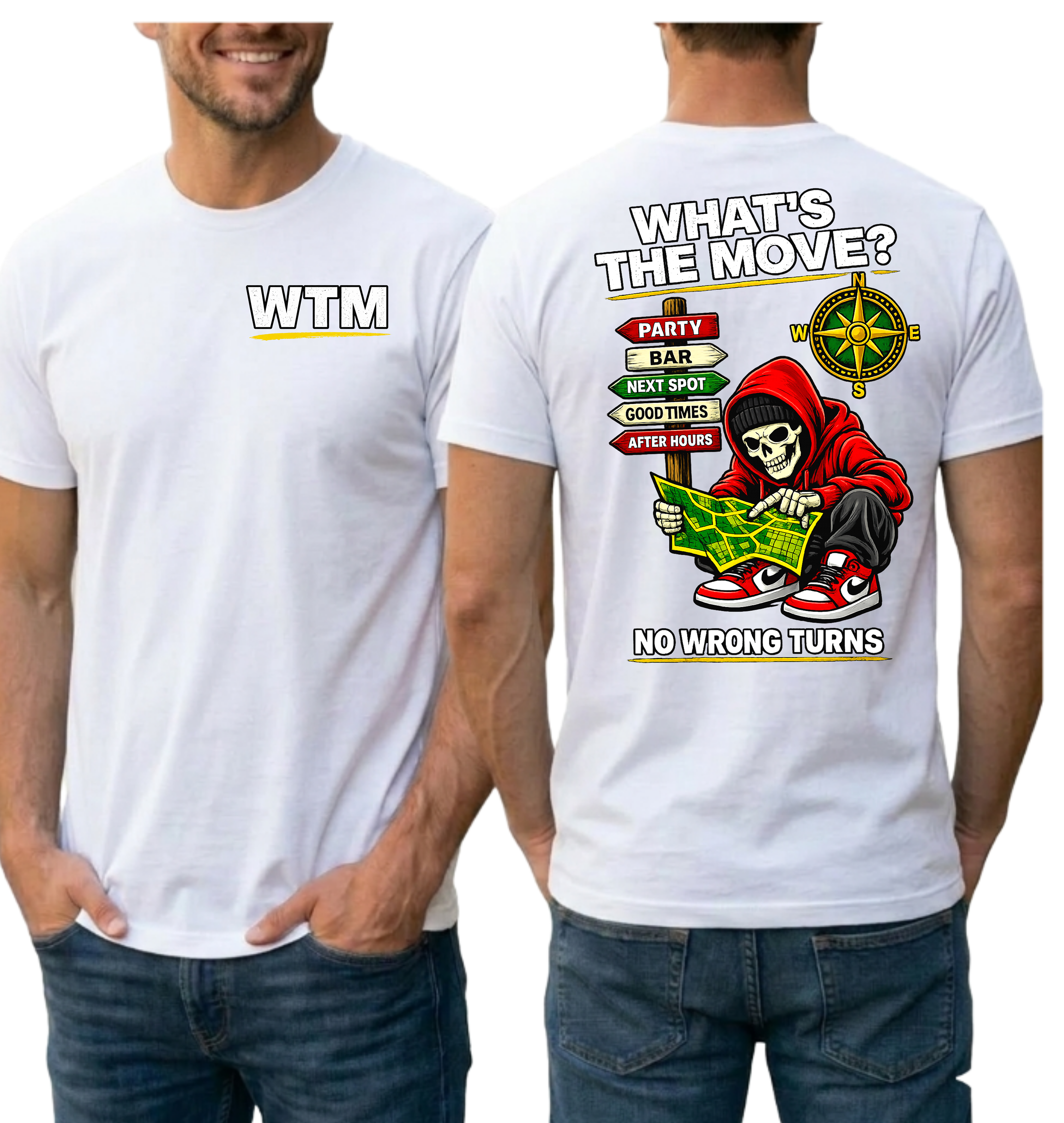 WTM What's The Move Skeleton Graphic Tee | Edgy Streetwear Party Shirt | Bar Hopping Weekend T-Shirt | No Wrong Turns Map Back Print
