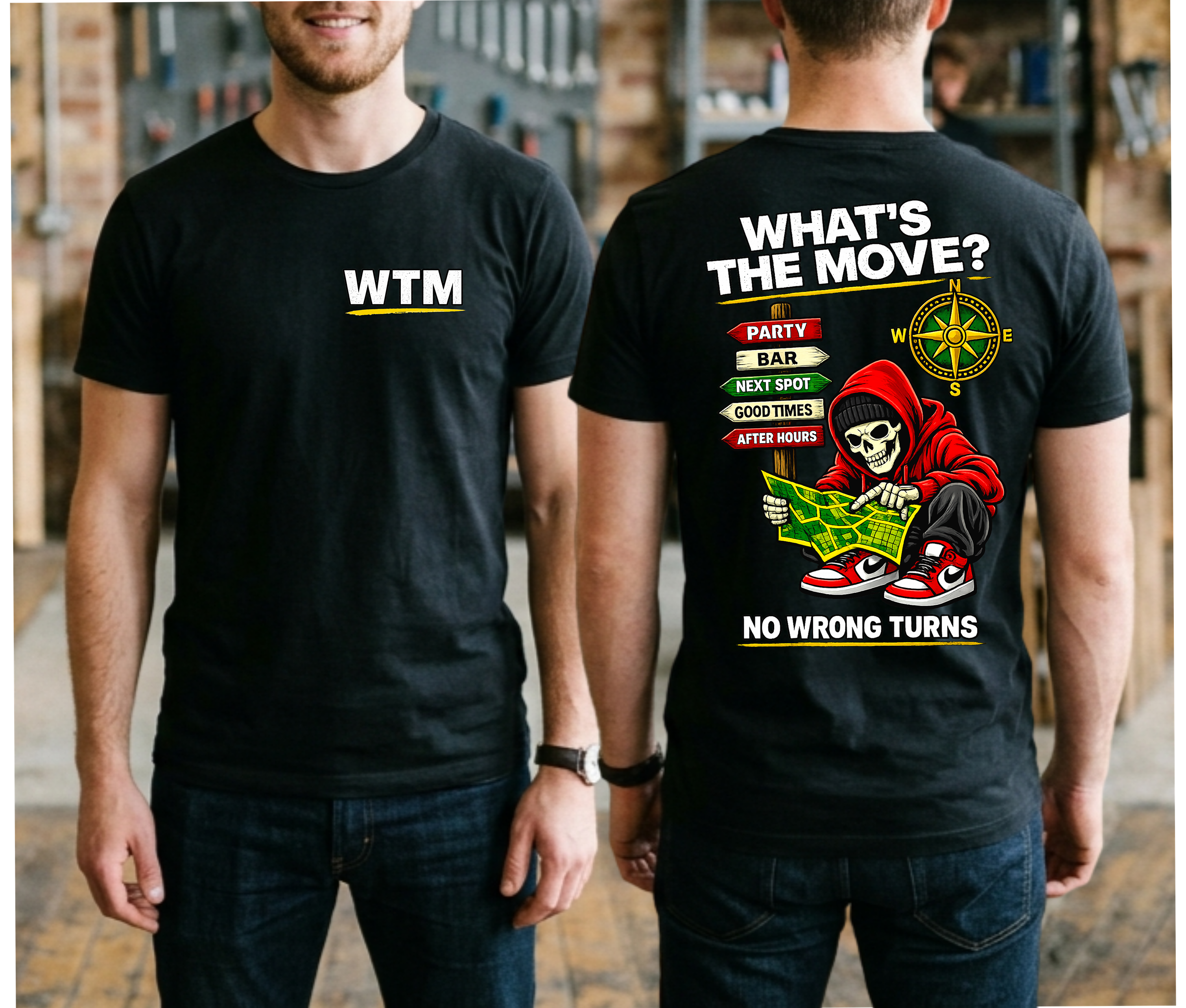 WTM What's The Move Skeleton Graphic Tee | Edgy Streetwear Party Shirt | Bar Hopping Weekend T-Shirt | No Wrong Turns Map Back Print