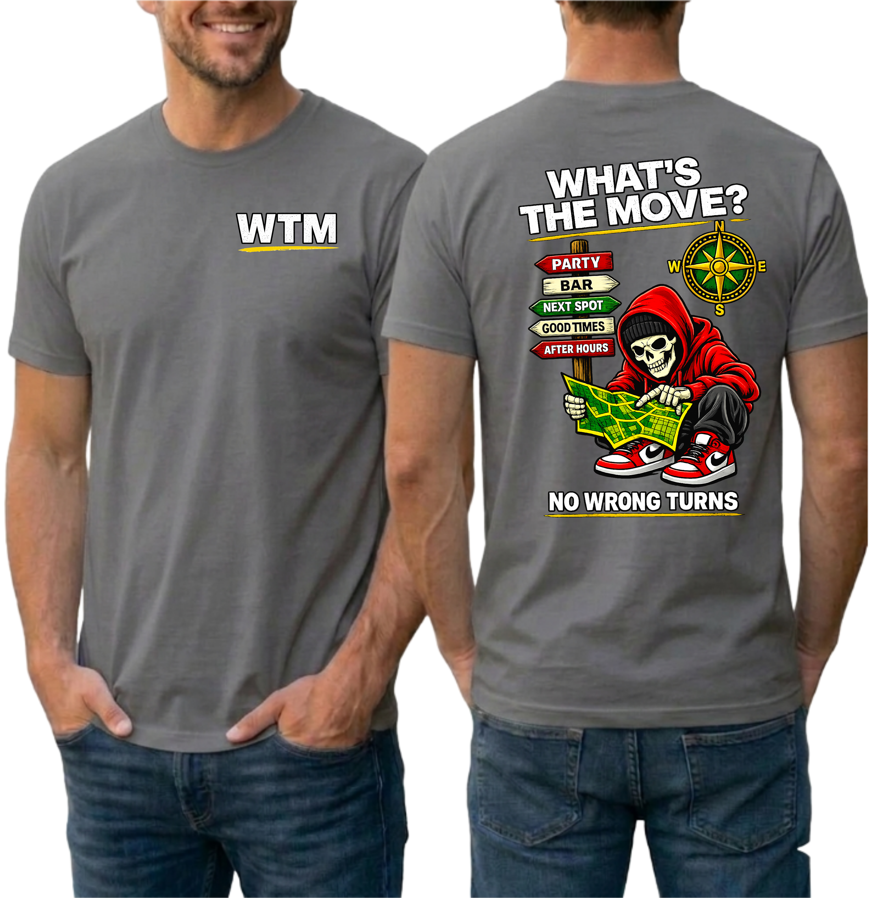WTM What's The Move Skeleton Graphic Tee | Edgy Streetwear Party Shirt | Bar Hopping Weekend T-Shirt | No Wrong Turns Map Back Print